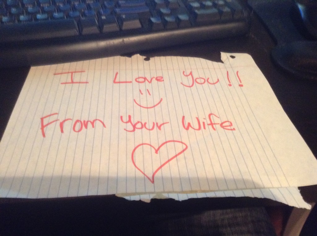 A love note that my wife left on my bike while I was working.