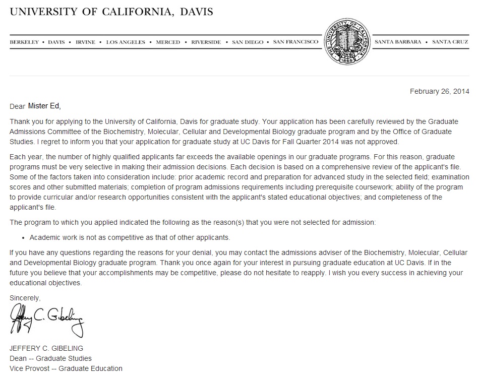 My first and hopefully only reject letter for 2014.