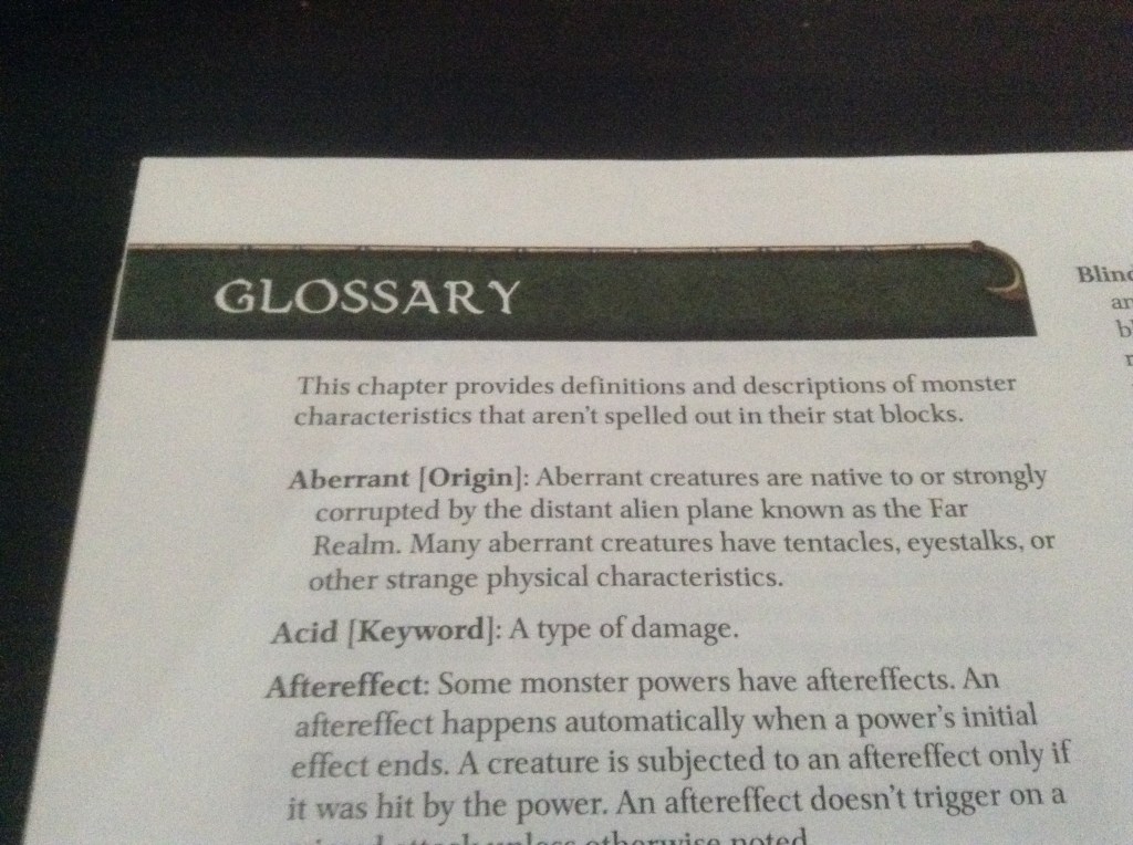 A photo of the glossary page in the 4th edition D&D Monster Manual