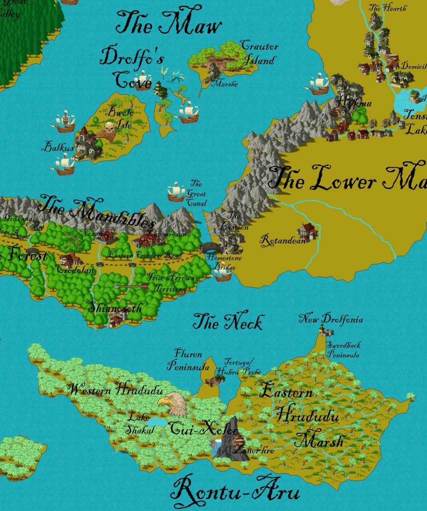 This map shows the Avian continent of Rontu-Aru and the central islands of the Merfolk.