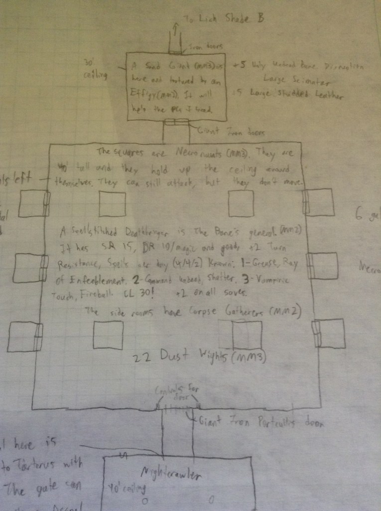 Room 2 of the Lich Shade dungeon drawn using graph paper with notes on it.