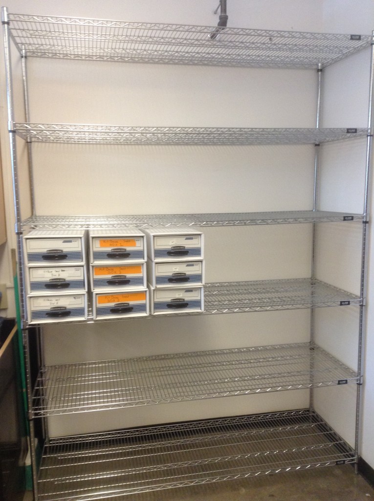 The new shelves where rice seeds for the sequencing project I work on will be stored.