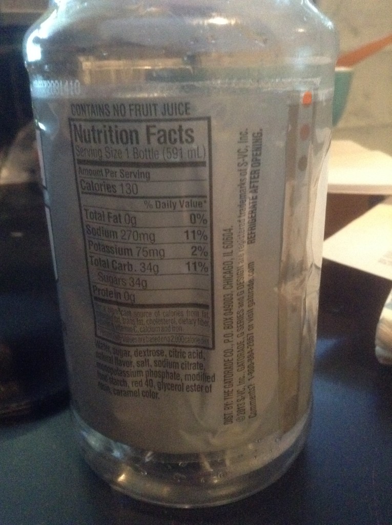 The nutrition facts and ingredients on a fruit punch Gatorade bottle.