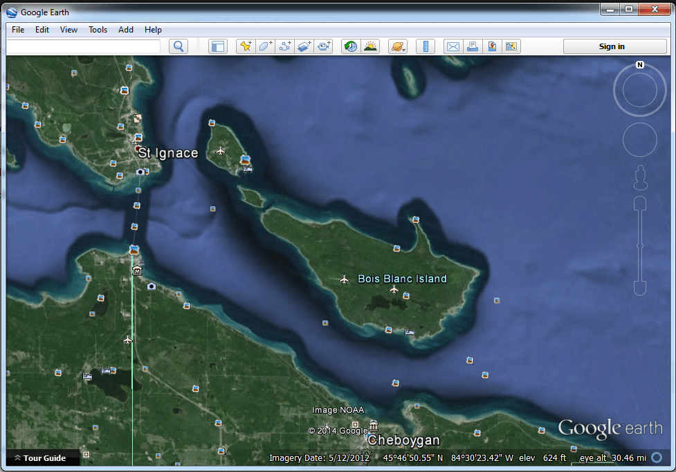 A Google Earth view of Bois Blanc Island (Pronounced Bob-Lo Island).