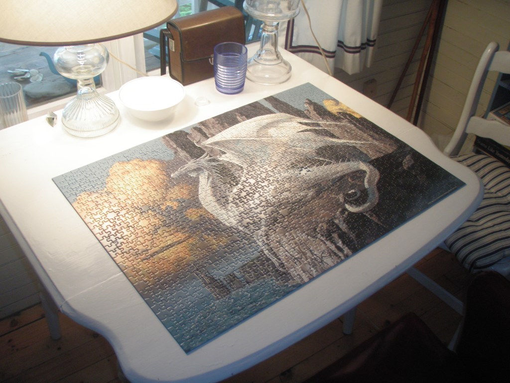 We finished! One piece was missing. Probably stolen by our cat before we brought the puzzle to Bois Blanc.