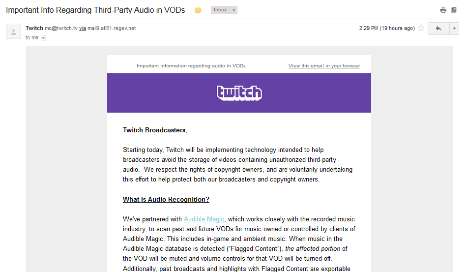 The first part of an email that Twitch sent out to all their users.