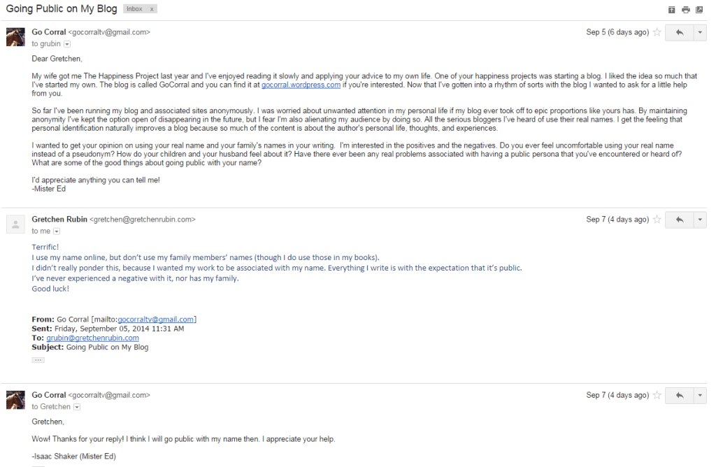 EEEEEEE! Gretchen Rubin emailed me! *faints*